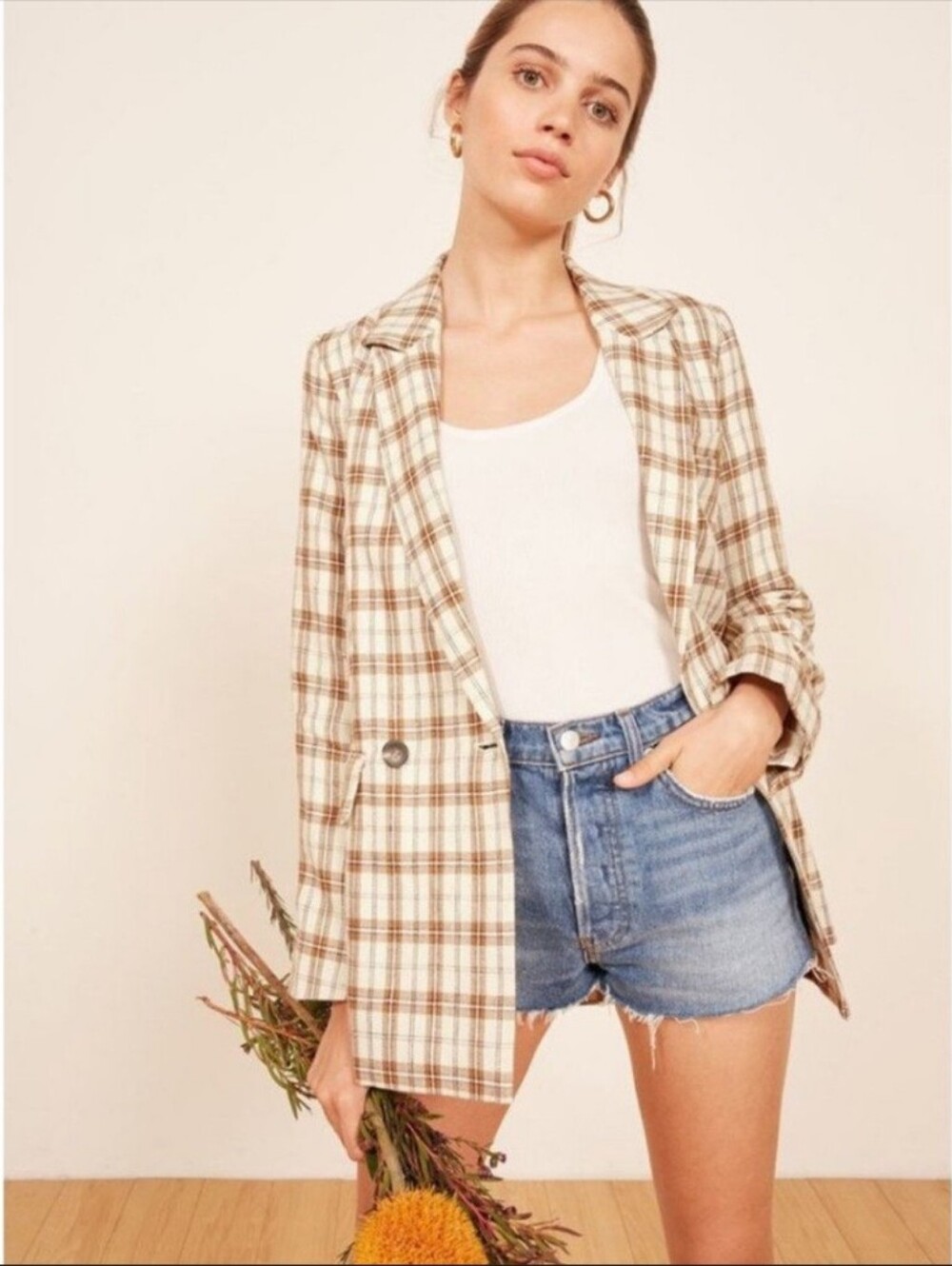 MWT Reformation Cream and Brown Plaid Blazer - Picture 2 of 11